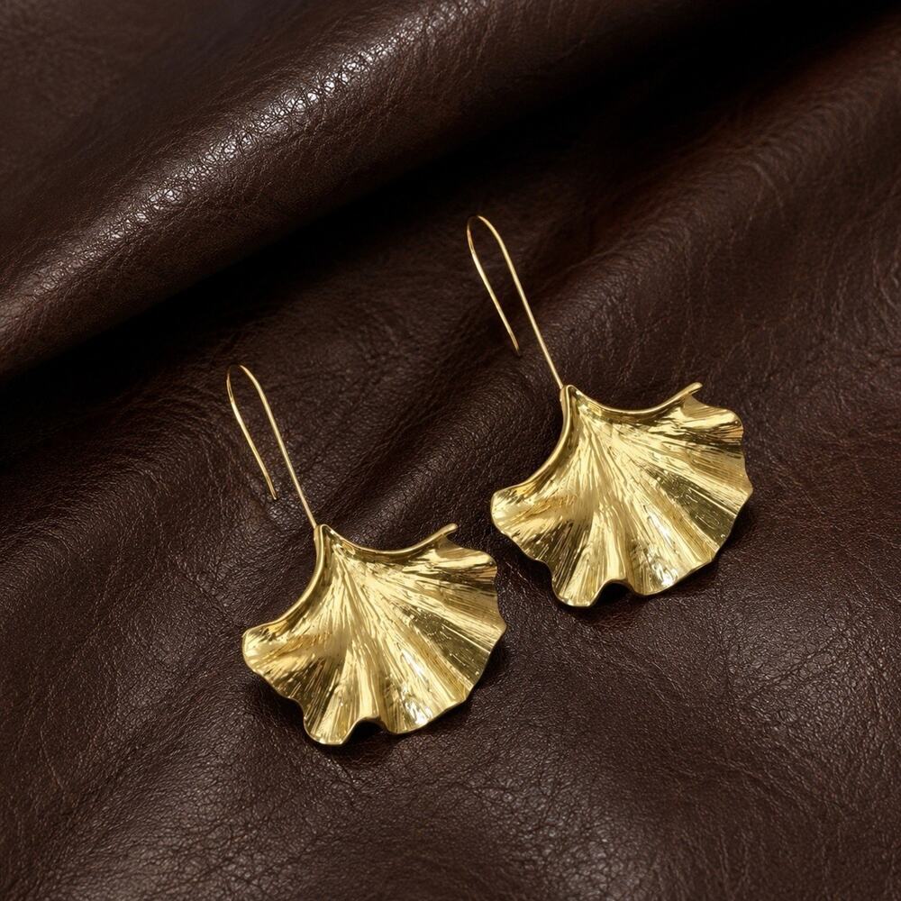 Ginkgo Leaf Zara Earrings Boho Y2K Dangle Gold Statement Ethnic Flower CZ